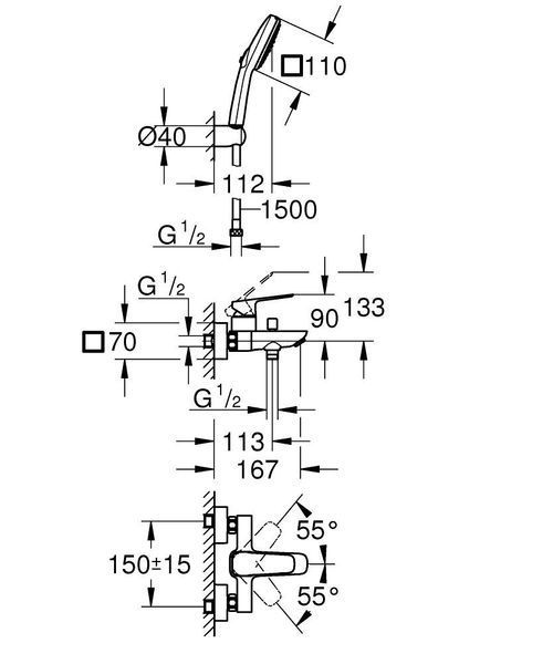 Смеситель для ванны Grohe Cubeo, однорычажный, с душевым гарнитуром, хром 1018140000 1018140000 фото