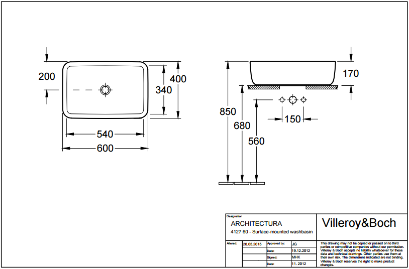 Накладной умивальнык 60*40см на столешницу, Villeroy&Boch ARCHITECTURA 41276001 41276001 фото