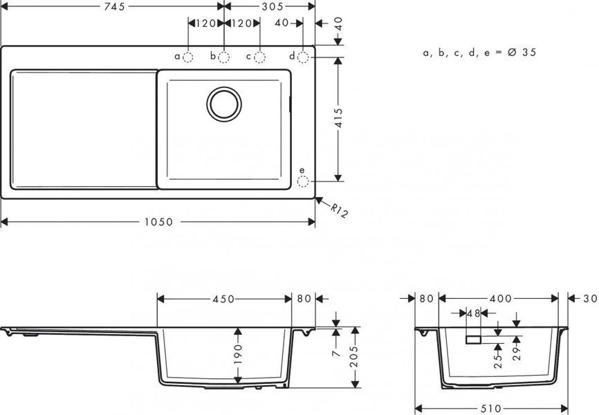 S514-F450 Мийка для кухнi, вбуд. 450, з крилом, чорний графiт HANSGROHE 43314170 43314170 фото