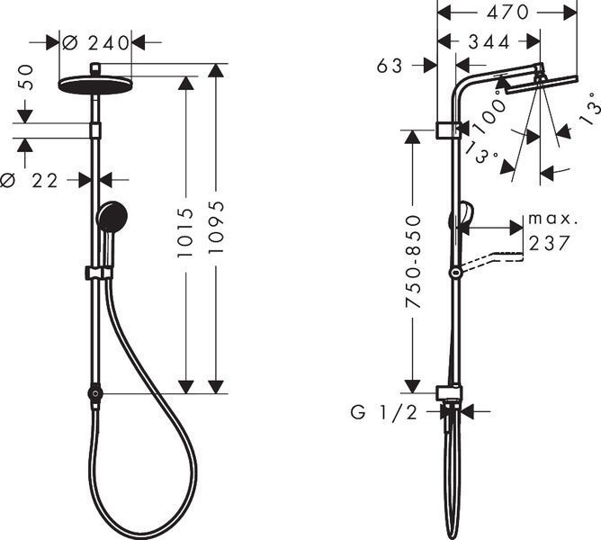 ACTIVERA S 240 1jet Showerpipe Reno душова система EcoSmart, хром HANSGROHE 28074000 28074000 фото