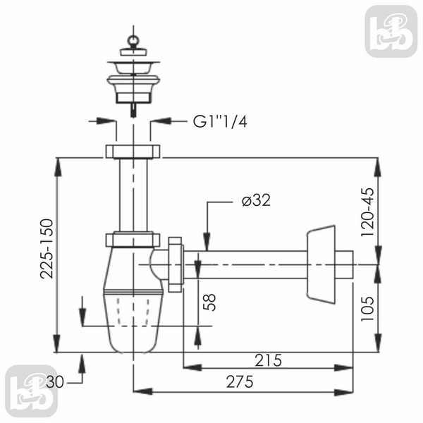Imprese. Сифон для умывальника, бутылочный: 1 1/4; d32x215 мм; пластик. d12601411S 94039 фото