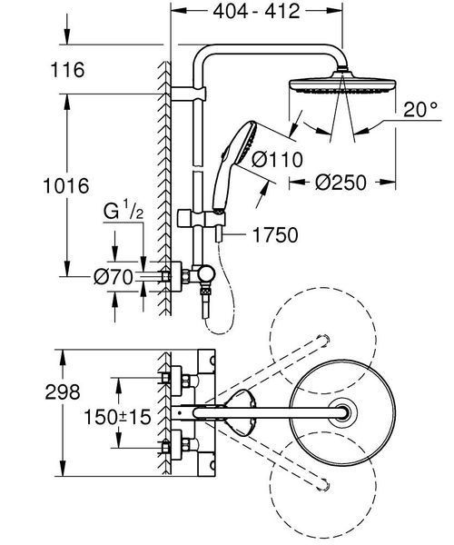 Душова система колонна Grohe Tempesta System 250 с термостатом для настенного монтажа, хром 26670001 26670001 фото