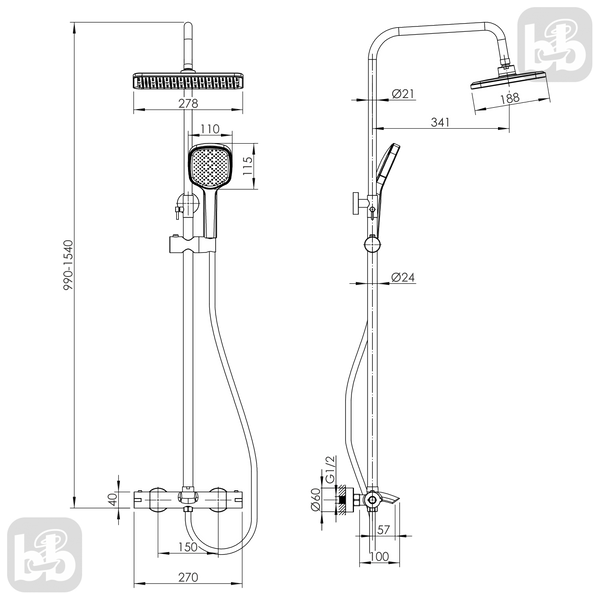 Душова система колона з термостатом для ванни: 99-154/28см, хром. Imprese MODUS BT t048B08201SR 97048 фото