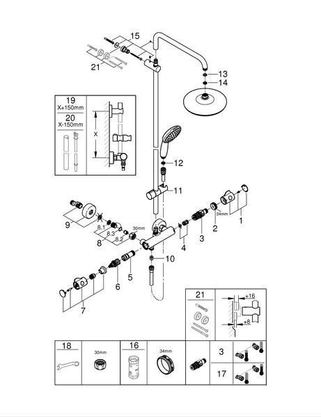 Душевая система колонна Grohe Tempesta System 210 с термостатом для настенного монтажа, хром 26811001 26811001 фото