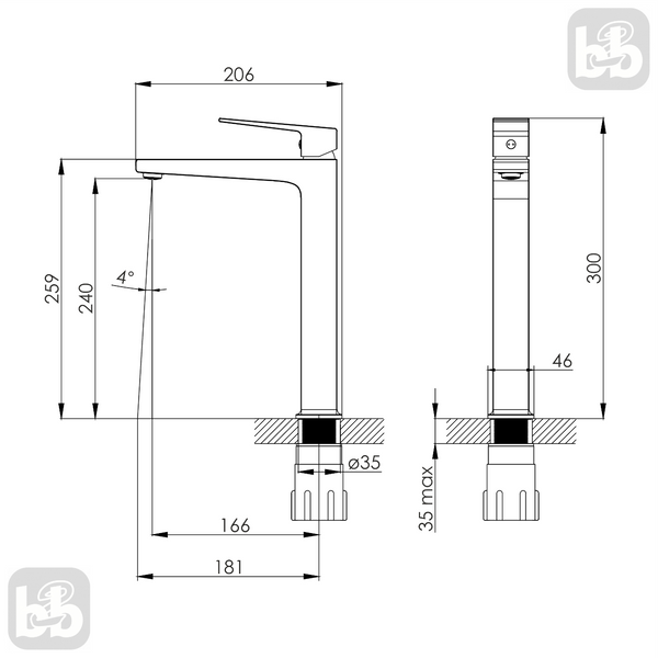 Imprese Judit черный матовый. Смеситель для умывальника высокий, квадратный: 181x240/35 мм; 1/2; латунь. f03510810AB 93685 фото
