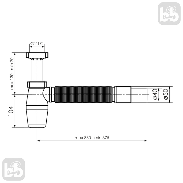 Полусифон для умывальника, бутылочный: 1 1/2", c гофрой d40/50; пластик. Imprese d12601311S 93988 фото