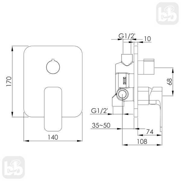 Черный Смеситель скрытого монтажа, 2 выхода, квадратный, Imprese Bilovec f04600910SQ 85024 фото