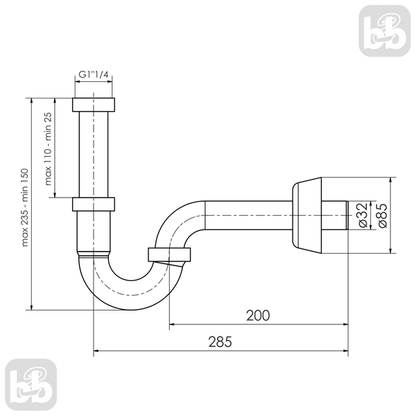 Сифон для умывальника раковины трубный, 1 1/4, d32x200, хром. Imprese i-SEW d12600201S 93388 фото
