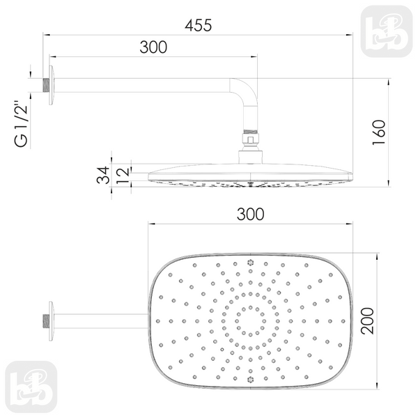 Верхний душ, лейка 30х20см с держателем на стену, хром, Volle CASCADA A20Cw 1586.180401 1586.180401 фото