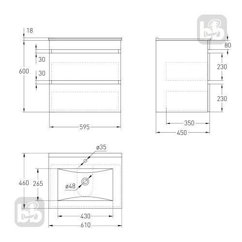 Шкафчик 60см с умывальником, подвесная, белая, Imprese VACLAV u08406403FH+с061010361 101482 фото